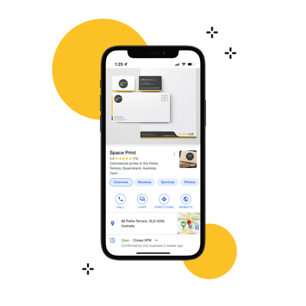 Phone screen showing a local business profile with call, chat, directions, and website actions.