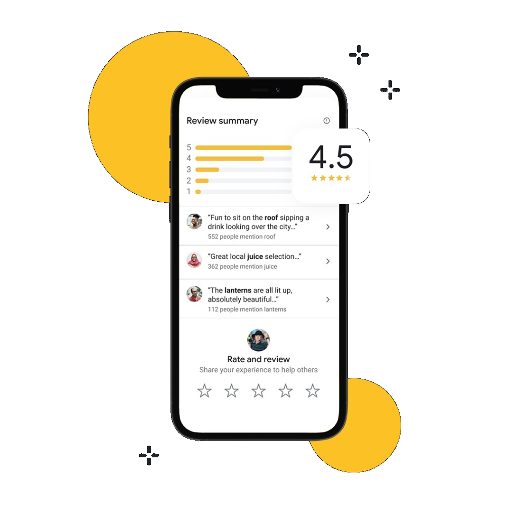 Phone screen showing star distribution, highlighted review snippets, popular mentions counts, and a rate-and-review invitation.
